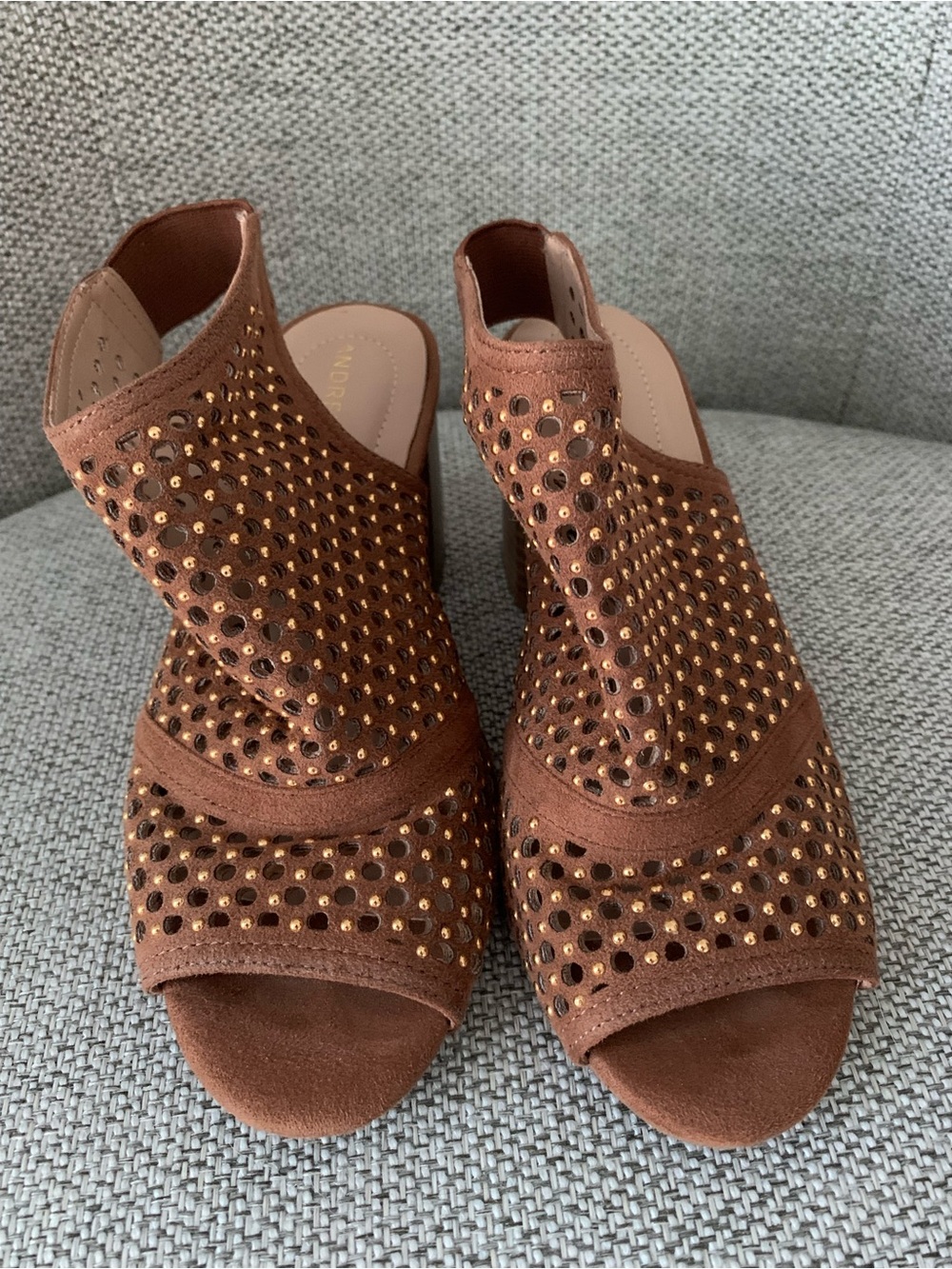 Andrew Geller Brown Suede Open-Toe Heeled Sandals with Gold Studs